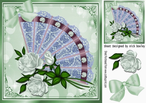 pretty lace fan with pretty shades of roses with green bow 8x8