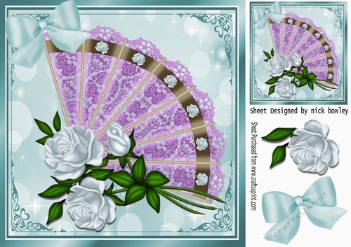 pretty lace fan with pretty shades of roses with turq bow 8x8