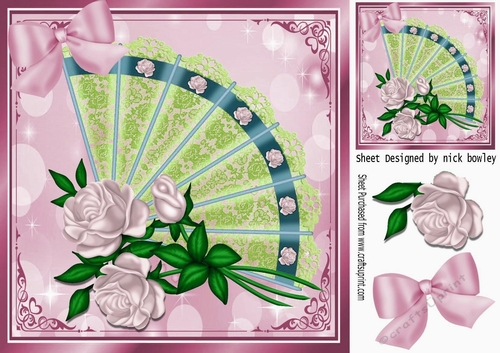 pretty lace fan with pretty shades of roses with pink bow 8x8
