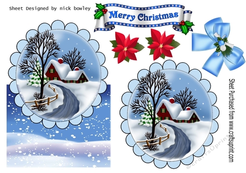 Lovely snow scene with cottage, and bow over the edge