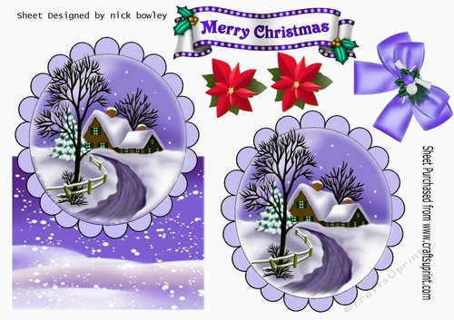 Lovely snow scene with cottage, and  lilac bow over the edge
