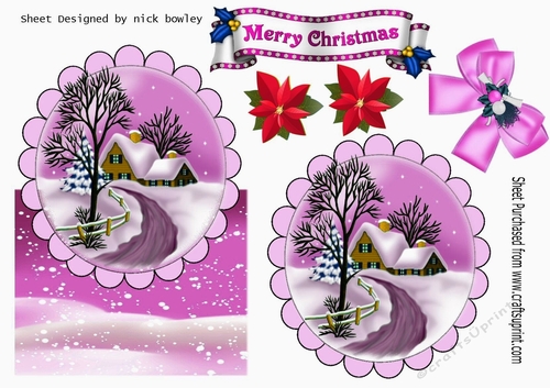 Lovely snow scene with cottage, and pink bow over the edge