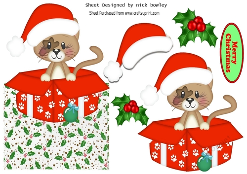Cute little kitty in a santa hat in  xmas box with holly over the edge