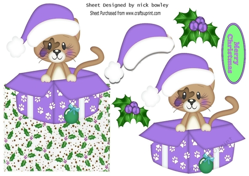 Cute little kitty in a purple santa hat in  xmas box with holly over the edge
