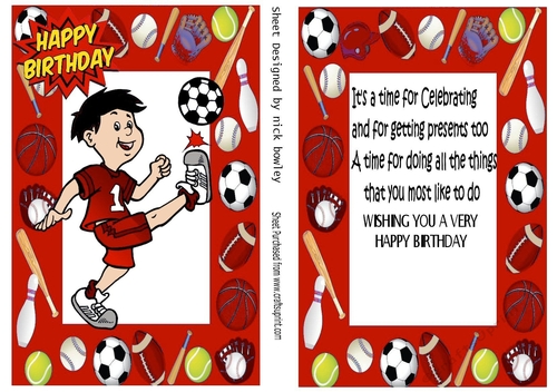 Footie boy in red, sports card front & insert A5