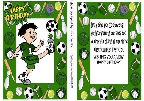 Footie boy in green, sports card front & insert A5