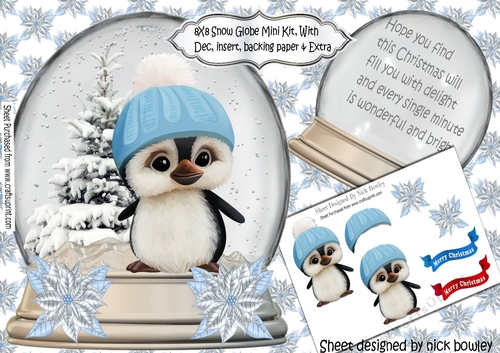 Cute little penguin in a hat in a snow globe with tree (blue) 8x8 Mini Kit