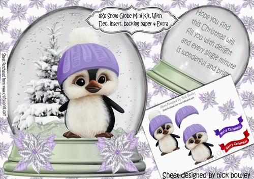 Cute little penguin in a hat in a snow globe with tree (lilac) 8x8 Mini Kit