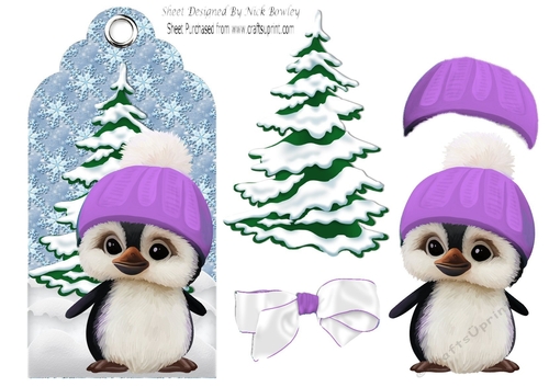 Cute little penguin in purple in snow scene tag with bow