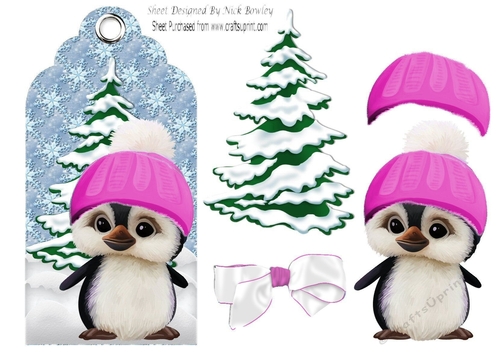 Cute little penguin in pink in snow scene tag with bow