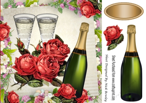 Red Roses & Champagne in floral frame for Anniversary 8x8