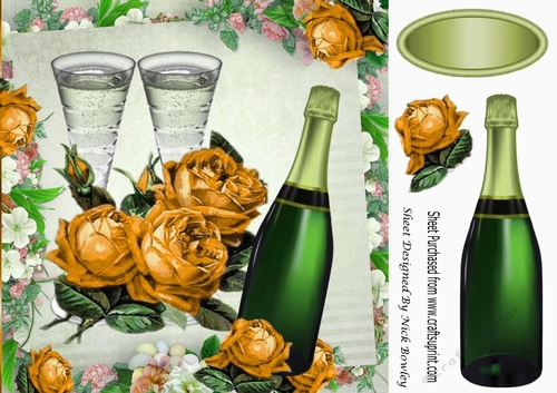 Gold Roses & Champagne in floral frame for Anniversary 8x8