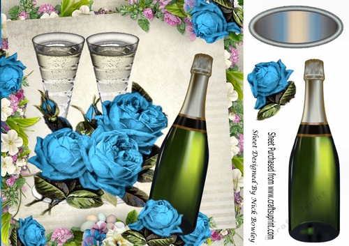 Blue Roses & Champagne in floral frame for Anniversary 8x8