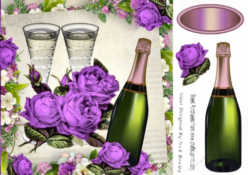 Purple Roses & Champagne in floral frame for Anniversary 8x8