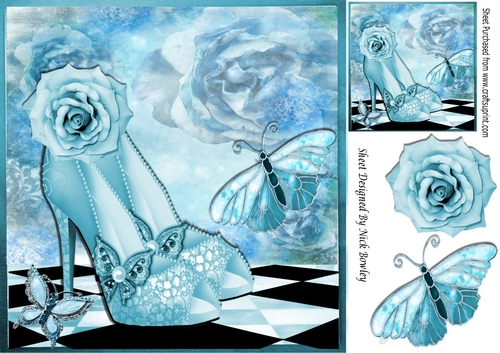 Pretty blue sparkle shoes with roses & butterflies 8x8