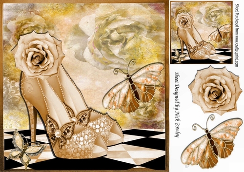 Pretty gold sparkle shoes with roses & butterflies 8x8