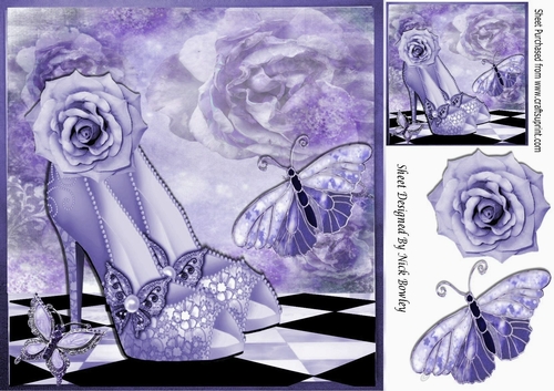 Pretty purple sparkle shoes with roses & butterflies 8x8