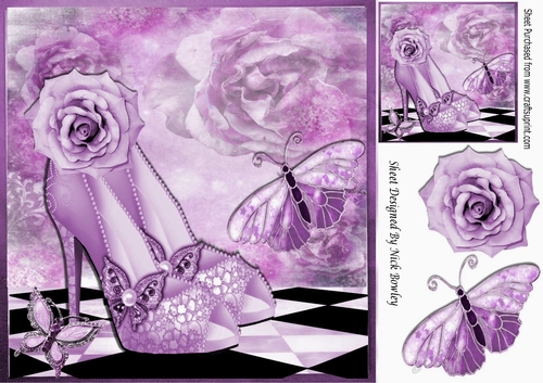 Pretty lilac sparkle shoes with roses & butterflies 8x8
