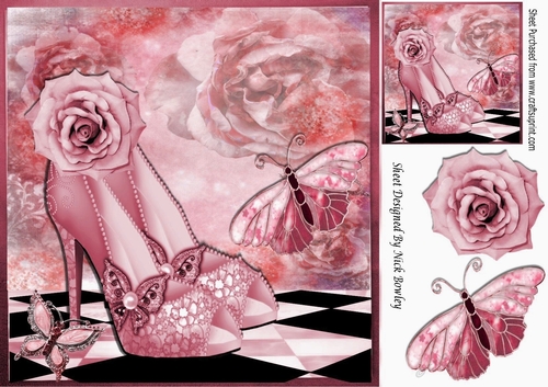 Pretty pink sparkle shoes with roses & butterflies 8x8