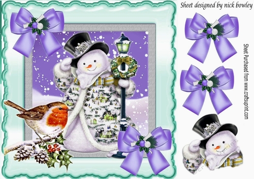 Good Day To you! Mr Robin! with happy snowman with purple bows 8x8
