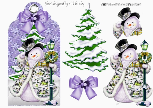 Lovely jolly snowman on a christmas tag with purple bow