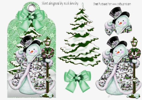 Lovely jolly snowman on a christmas tag with green bow