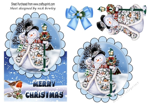 jolly snowman with robin in the snow over the edge