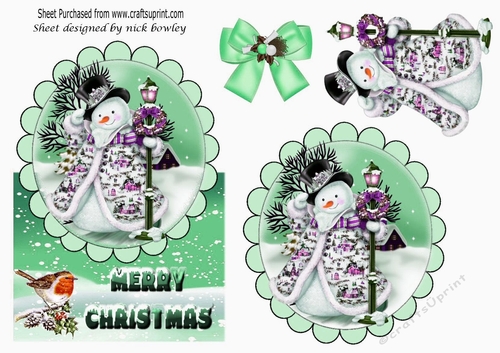 jolly snowman with robin in the snow over the edge with green bow