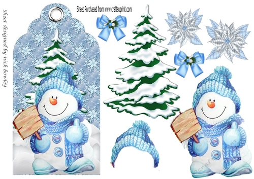 Cute snowman in bobble hat on christmas tag