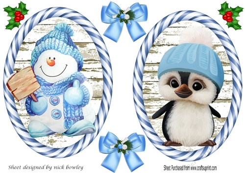 Two lovely christmas toppers/card fronts of a cute snowman & penguin