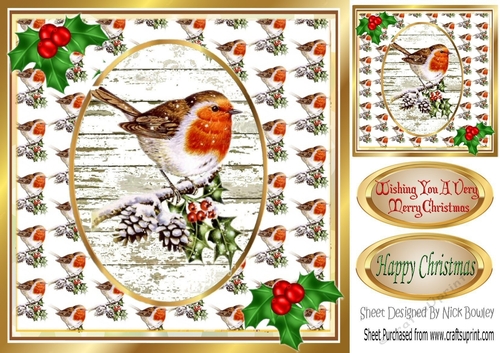 lovely robin on a branch with holly 8x8