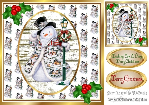Jolly Snowman with holly 8x8