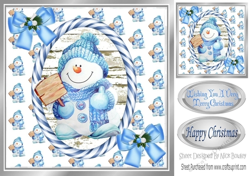 Cute snowman in knitted hat with bows 8x8