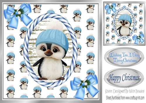 Cute penguin in knitted hat with bows 8x8