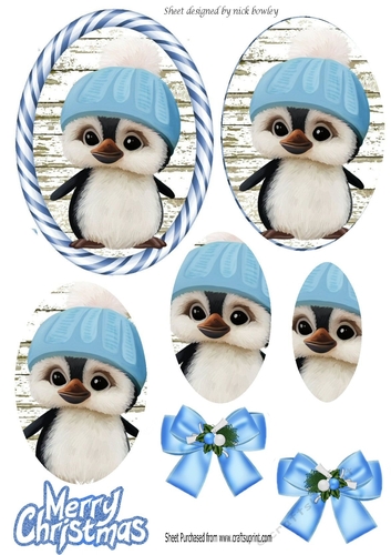 Cute penguin in blue candy stripe frame oval pyramids