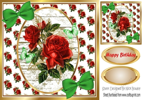  Pretty red roses with butterflies and bows in oval topper 8x8