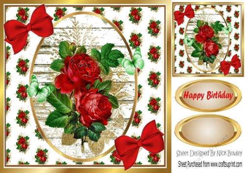 Pretty red roses with butterflies and red bows in oval topper 8x8
