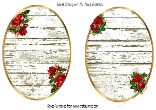 Two Pretty red roses on white washed wood oval inserts for (one & two)