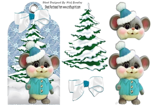 Cute little mouse with christmas tree on a tag