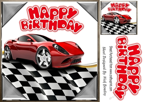 Red sports car in chequered effect frame 8x8