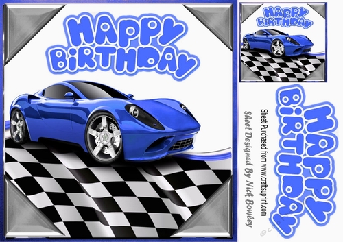 Blue sports car in chequered effect frame 8x8