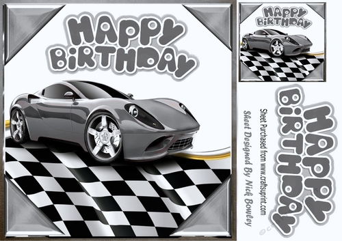 Silver sports car in chequered effect frame 8x8