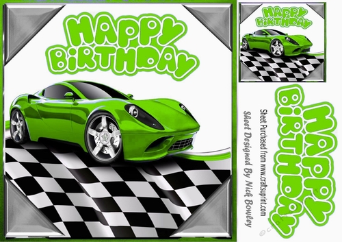 Green sports car in chequered effect frame 8x8