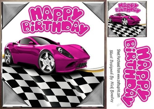 cerise sports car in chequered effect frame 8x8