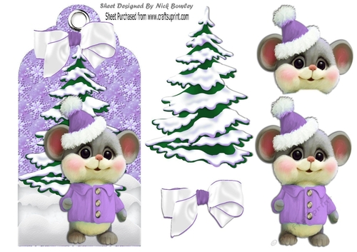Cute little mouse with christmas tree on a tag in purple
