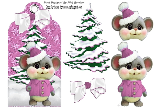 Cute little mouse with christmas tree on a tag in pink