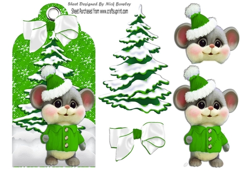 Cute little mouse with christmas tree on a tag in green