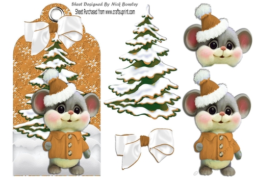 Cute little mouse with christmas tree on a tag in gold