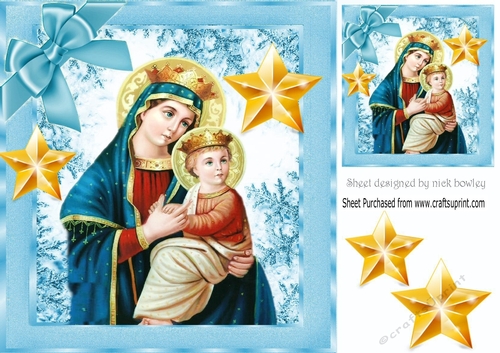 lovely mary with baby jesus & gold stars snow flake frame 8x8