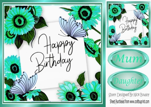 pretty turq flowers and butterflies in 8x8 frame